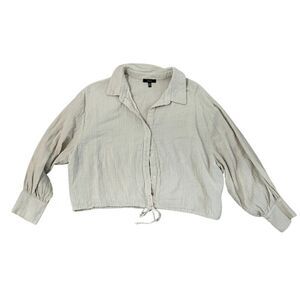 Drew Womens Cream Long Sleeve Button Up Cotton Cropped Crinkle Top Medium